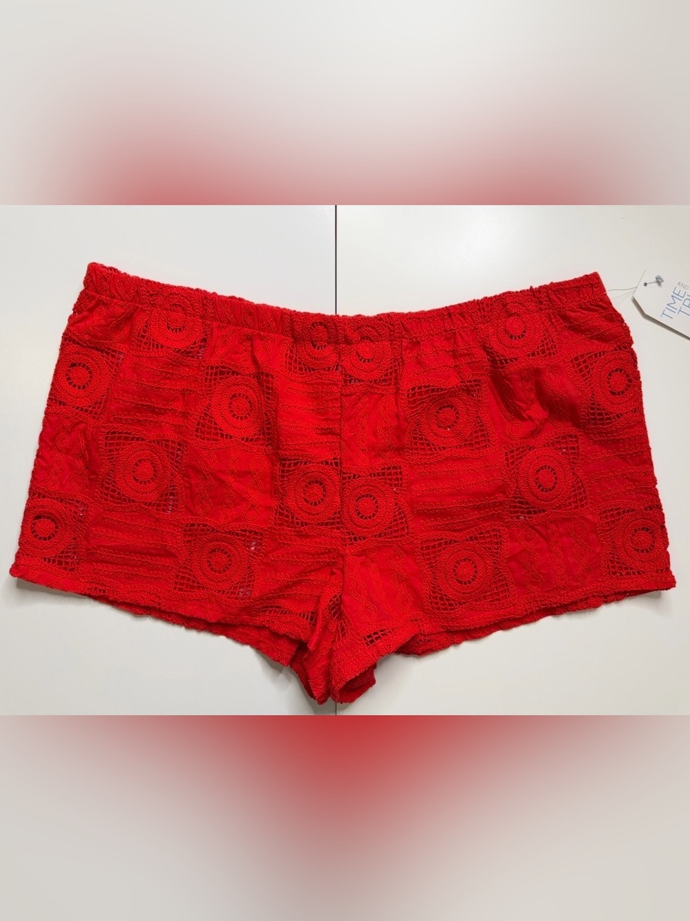 Time and Tru Crochet Eyelet Swim Cover Up Shorts Womens XL Red Beach Pool NWT